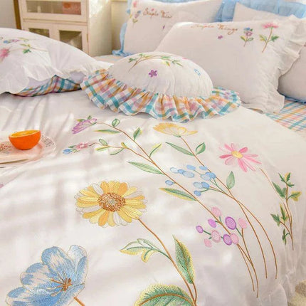 Embroidered Floral Cotton Bedding Set with Ruffled Details