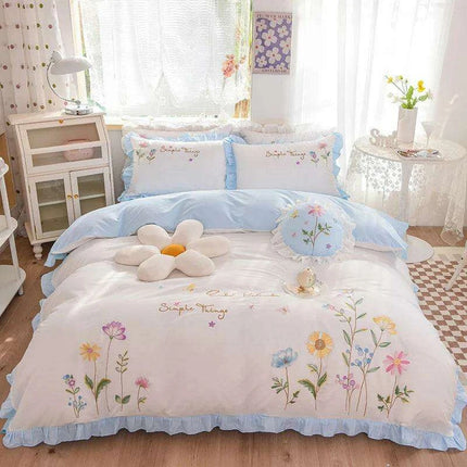 Embroidered Floral Cotton Bedding Set with Ruffled Details