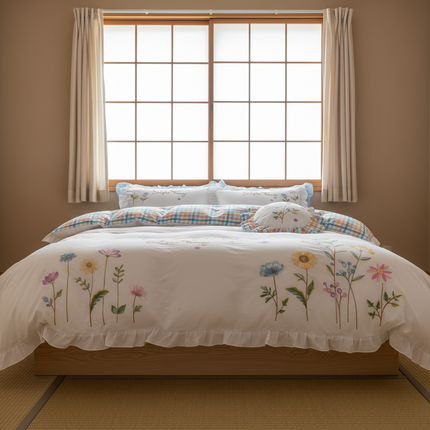 Embroidered Floral Cotton Bedding Set with Ruffled Details