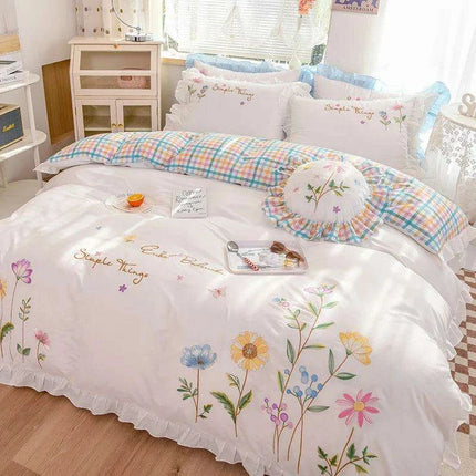Embroidered Floral Cotton Bedding Set with Ruffled Details
