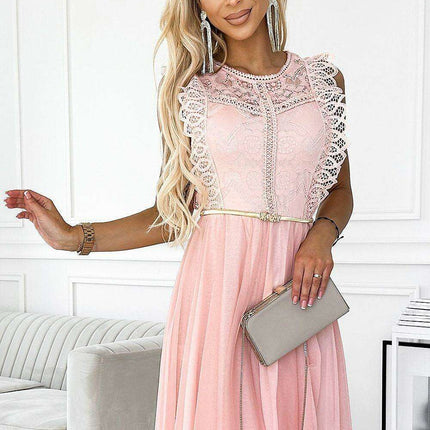 Peach Elegance Lace Cocktail Dress with Gold Waistbelt - Numoco Collection - Très Elite
