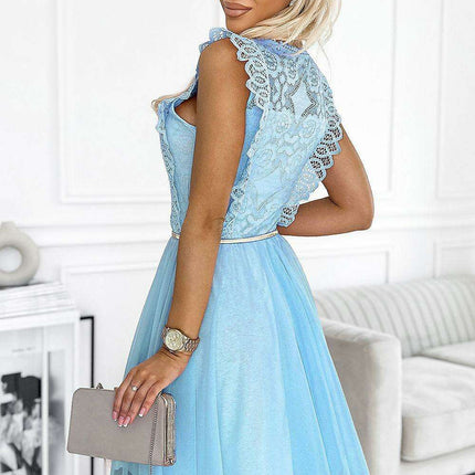 Peach Elegance Lace Cocktail Dress with Gold Waistbelt - Numoco Collection - Très Elite
