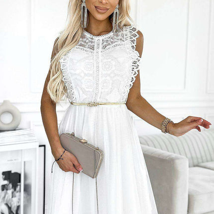 Peach Elegance Lace Cocktail Dress with Gold Waistbelt - Numoco Collection - Très Elite