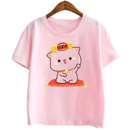 Peach & Goma Mochi Cat with Giraffe Print Kids Tee - Cute Harajuku Style Shirt for Boys & Girls - Très Elite