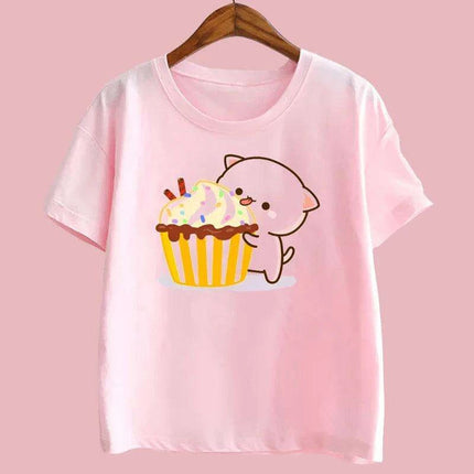 Peach & Goma Mochi Cat with Giraffe Print Kids Tee - Cute Harajuku Style Shirt for Boys & Girls - Très Elite