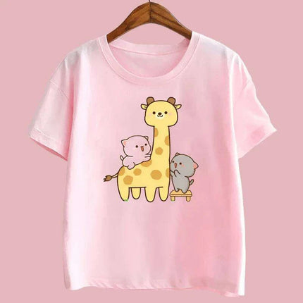 Peach & Goma Mochi Cat with Giraffe Print Kids Tee - Cute Harajuku Style Shirt for Boys & Girls - Très Elite