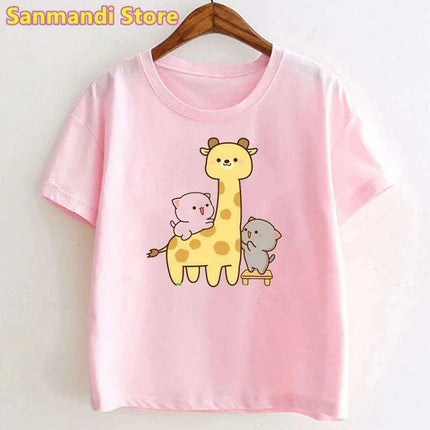 Peach & Goma Mochi Cat with Giraffe Print Kids Tee - Cute Harajuku Style Shirt for Boys & Girls - Très Elite