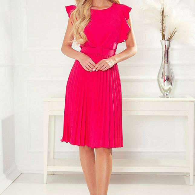 Peach Pleated Day Dress with Stylish Belt and Hidden Zipper