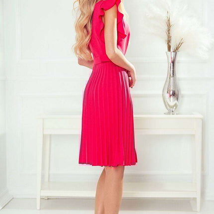 Peach Pleated Day Dress with Stylish Belt and Hidden Zipper - Très Elite
