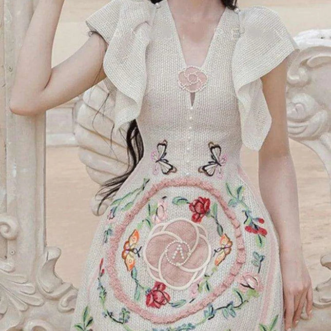 Pearl Embroidered V-Neck A-Line Dress with Flutter Sleeves
