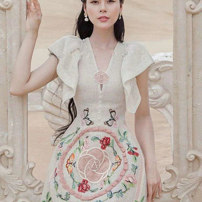 Pearl Embroidered V-Neck A-Line Dress with Flutter Sleeves