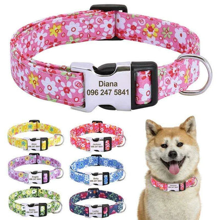 Personalized Floral Nylon Dog Collar - Stylish ID Collars for Dogs of All Sizes - Très Elite