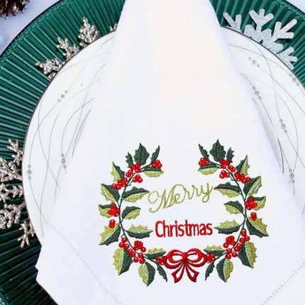 Personalized Holly Berries Embroidered Christmas Table Linen Set for Holiday Elegance..