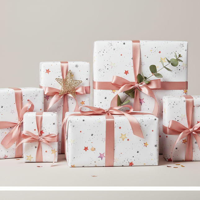 Personalized Luxe Pink Star Holiday Wrapping Paper - Eco-Friendly Premium Quality - Très Elite
