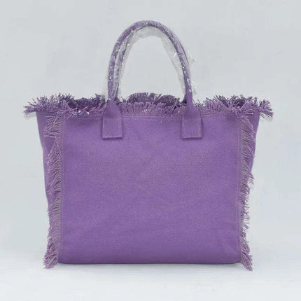 Personalized Trendy Fringed Canvas Tote with Stylish Ruffles - Très Elite