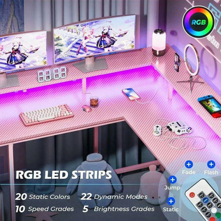 Pink Carbon Fiber L-Shaped Gaming Desk with Custom LED Ambiance, Power Ports, and Ample Storage..