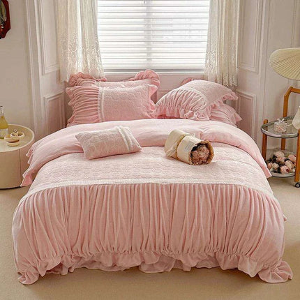 Pink Coral Velvet Bedding Set with Ruffled Duvet Cover and Pillowcases, Queen & King Sizes - Très Elite