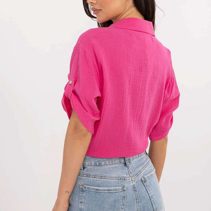 Pink Cotton Womens Shirt With Tie Hem Three Quarter Sleeves - Très Elite