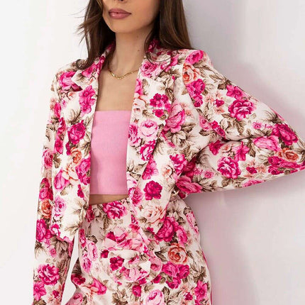 Pink Floral Pattern Skirt Shorts Set With Cropped Blazer - Très Elite