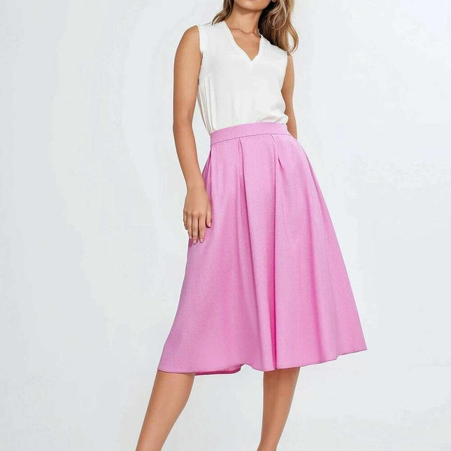 Pink Linen Rayon Blend Midi Skirt With Pleats Regular Cut