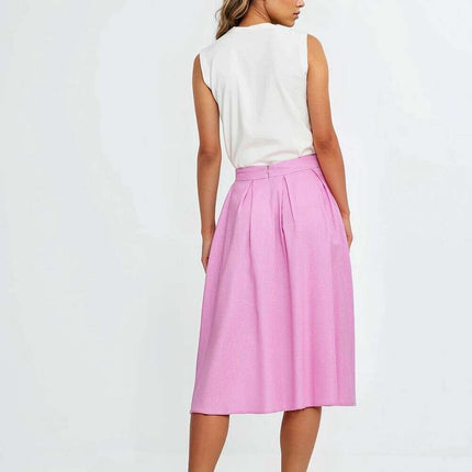 Pink Linen Rayon Blend Midi Skirt With Pleats Regular Cut - Très Elite