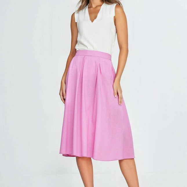 Pink Linen Rayon Blend Midi Skirt With Pleats Regular Cut