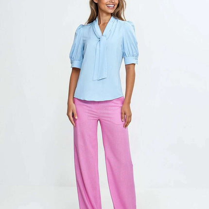 Pink V Neck Blouse With Tie Front And Puff Sleeves Chic - Très Elite