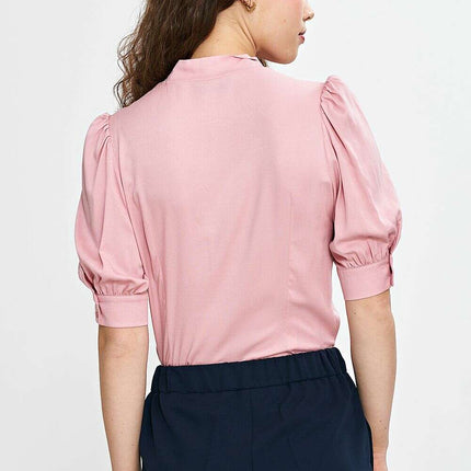 Pink V Neck Blouse With Tie Front And Puff Sleeves Chic - Très Elite