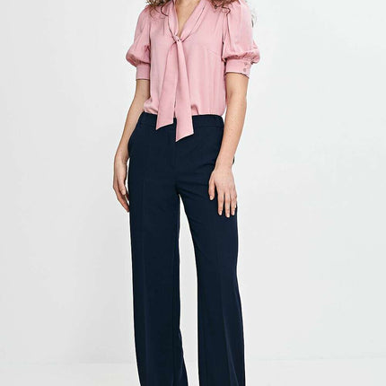 Pink V Neck Blouse With Tie Front And Puff Sleeves Chic - Très Elite