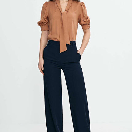 Pink V Neck Blouse With Tie Front And Puff Sleeves Chic - Très Elite