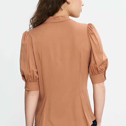 Pink V Neck Blouse With Tie Front And Puff Sleeves Chic - Très Elite