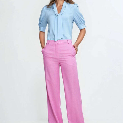 Pink V Neck Blouse With Tie Front And Puff Sleeves Chic