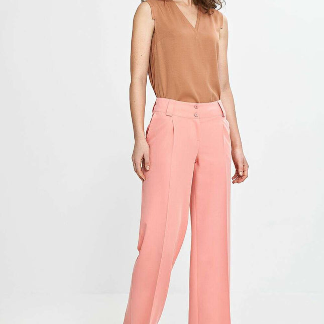 Pink Wide Leg Women Trousers Regular Fit Creased Chic