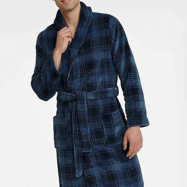 Plaid Hooded Men's Bathrobe with Elegant Embroidery - Ultimate Comfort Wear