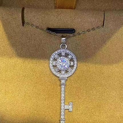 Platinum-Plated Key Pendant Necklace with 1 Carat Lab-Grown Diamond - A Touch of Glamour