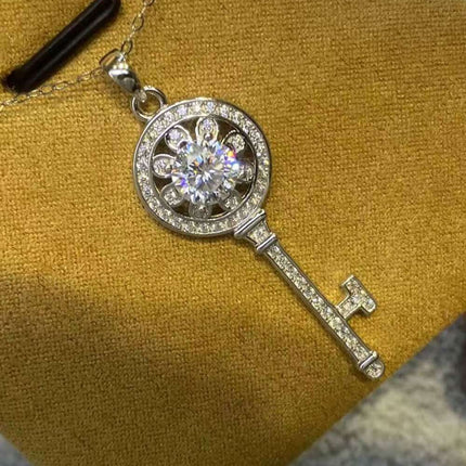 Platinum-Plated Key Pendant Necklace with 1 Carat Lab-Grown Diamond - A Touch of Glamour