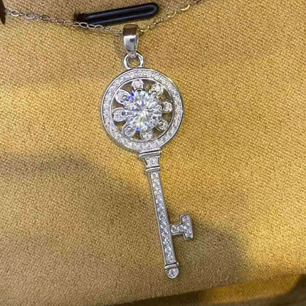 Platinum-Plated Key Pendant Necklace with 1 Carat Lab-Grown Diamond - A Touch of Glamour