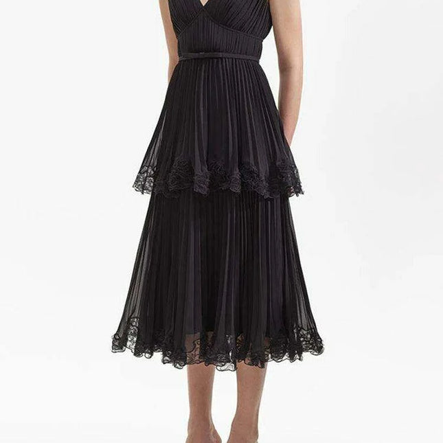 Pleated V-neck Chiffon Evening Dress with Slim Waist Design for Women