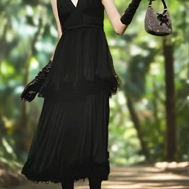 Pleated V-neck Chiffon Evening Dress with Slim Waist Design for Women