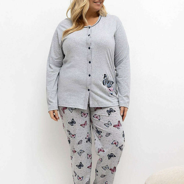Plus Size Cotton Pajama Set – Butterfly Print Buttoned Top & Pants - Très Elite