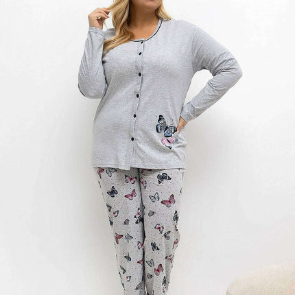 Plus Size Cotton Pajama Set – Butterfly Print Buttoned Top & Pants - Très Elite