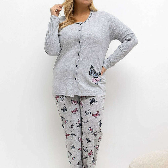 Plus Size Cotton Pajama Set – Butterfly Print Buttoned Top & Pants - Très Elite