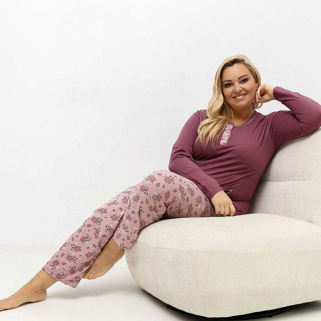Plus Size Cotton Pajama Set – Floral Print Two-Piece with Pocket - Très Elite