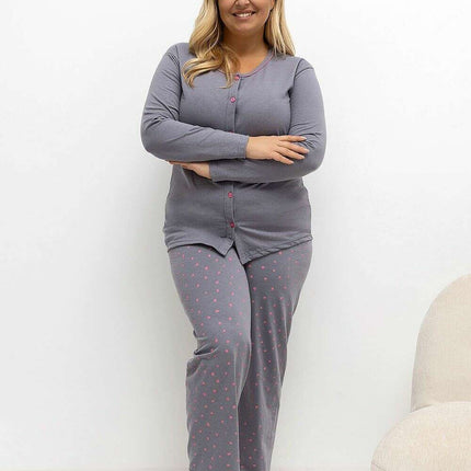 Plus Size Cotton Polka Dot Pajama Set – Button-Up Top & Pants - Très Elite