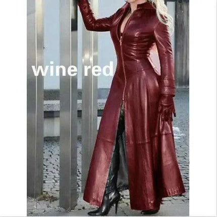 Plus Size Edgy Cyberpunk Women's Leather Biker Jacket - Stylish Long Lapel Coat in Solid Hues