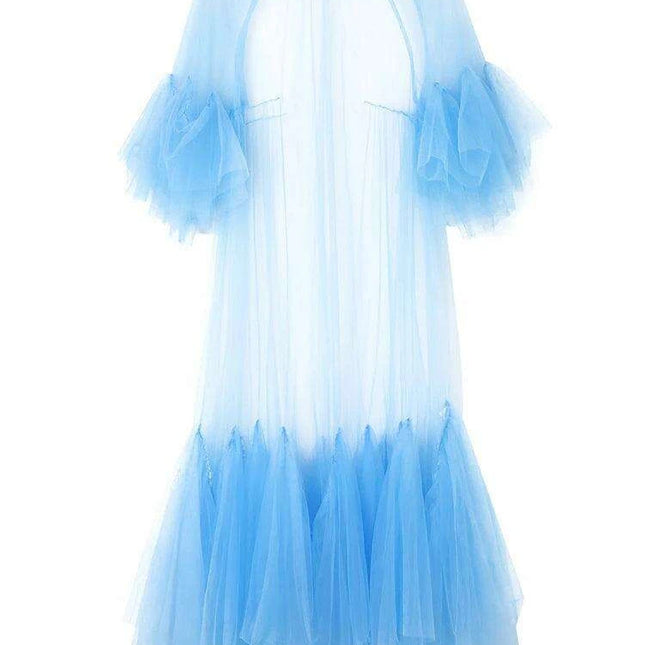 Plus Size Women's Blue Mesh Long Dress with Round Neck & 3/4 Sleeves - 2024 Spring Autumn Fashion JR77105