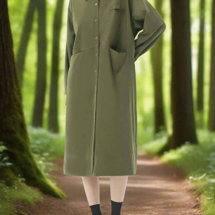 Plus Size Women's Green Midi Shirt Dress with Pockets - Très Elite