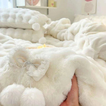 Plush Faux Rabbit Fur Bedding Ensemble with Charming Ball Accents - Duvet Cover, Sheets, and Pillowcases - Très Elite