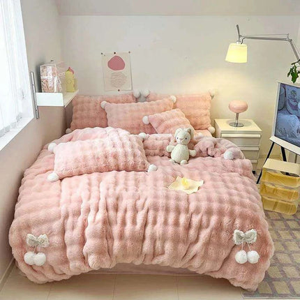 Plush Faux Rabbit Fur Bedding Ensemble with Charming Ball Accents - Duvet Cover, Sheets, and Pillowcases- Très Elite- Très Elite