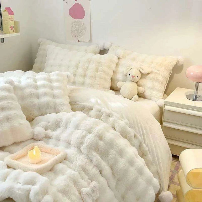 Plush Faux Rabbit Fur Bedding Ensemble with Charming Ball Accents - Duvet Cover, Sheets, and Pillowcases